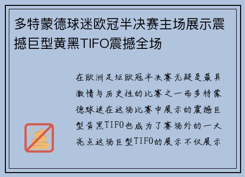 多特蒙德球迷欧冠半决赛主场展示震撼巨型黄黑TIFO震撼全场